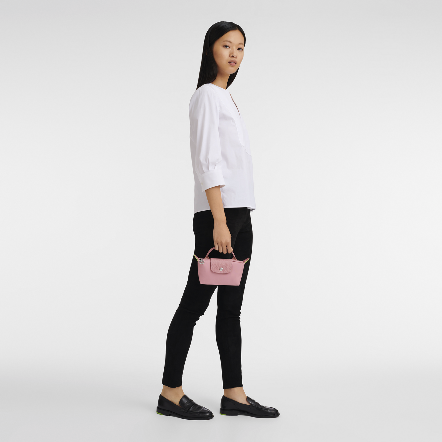 Longchamp Le Pliage Pouch with Handle — Rose (Green Line)